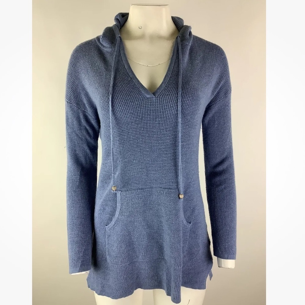 Soft Surroundings Sz S Knit Hoodie Blue Acrylic Wool Pullover Kangaroo Pocket